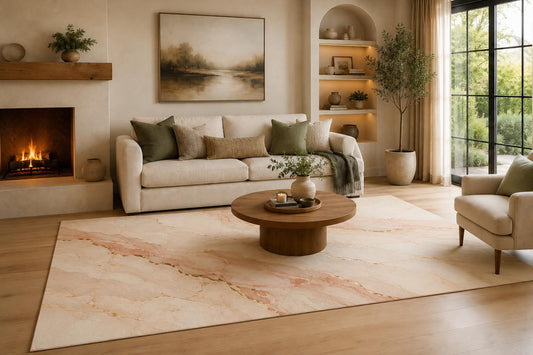ICE ARMOR Large 6'7" x 9'10" Blush Pink, Cream and Golden Color Marble Current Area Rug for Living Room, Soft Low Pile Carpet with Non-Slip Silicone Backing, Decor for Bedroom and Dining Area