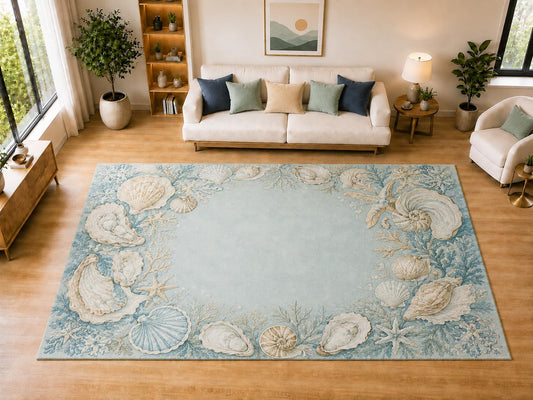 ICE ARMOR "Ultra Light Weight Large 6'7" x 9'10" Seashell Border Area Rug for Dining, Living Room, Bedroom, Soft Low Pile Indoor Rug with Non-Slip Silicone Backing, Blue Ivory