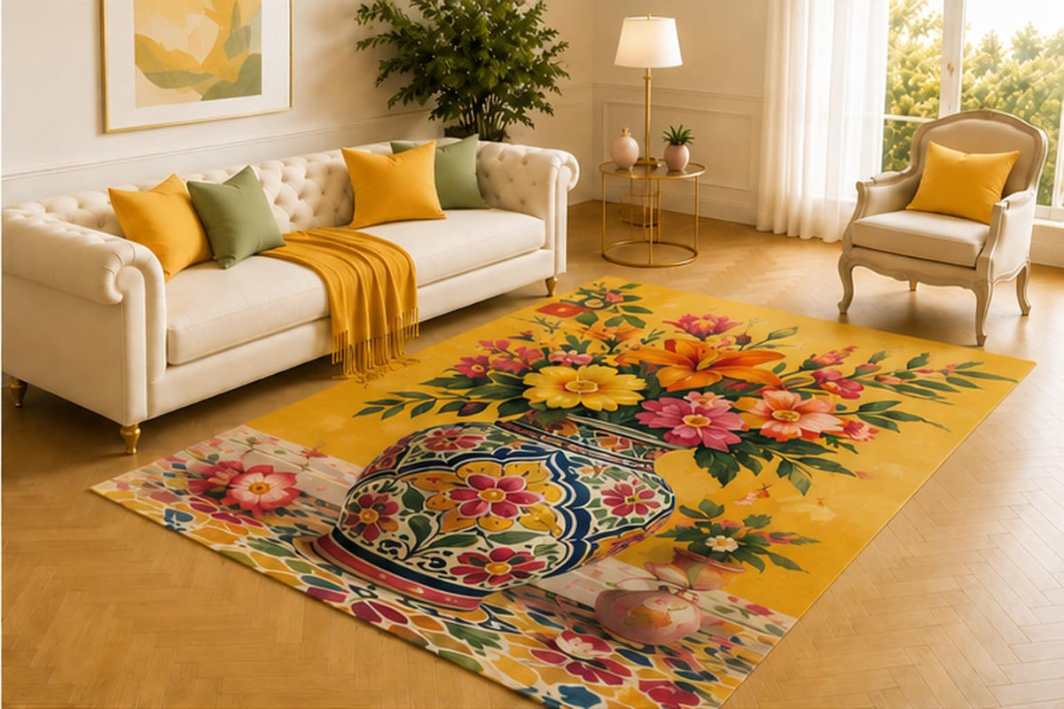 ICE ARMOR 5' x 7' Talavera Floral Rug, Red, Yellow and Pink Blooms in a Painted Mexican Vase, Festive Accent for Living Room, Dining Room, Kitchen or Sunroom