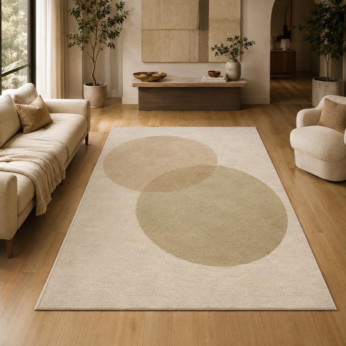 ICE ARMOR 5' x 7' Modern Overlapping Circle Area Rug for Living Room, Soft Low Pile Indoor Rug with Non-Slip Silicone Backing, Decorative Carpet for Bedroom, Dining Room, Office, Beige