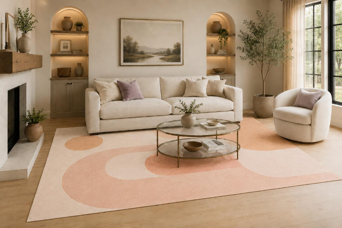 ICE ARMOR Large 6'7" x 9'10" Cream and Peach Retro Arch Forms Area Rug for Living Room, Soft Low Pile Carpet with Non-Slip Silicone Backing, Decor for Bedroom and Home Office