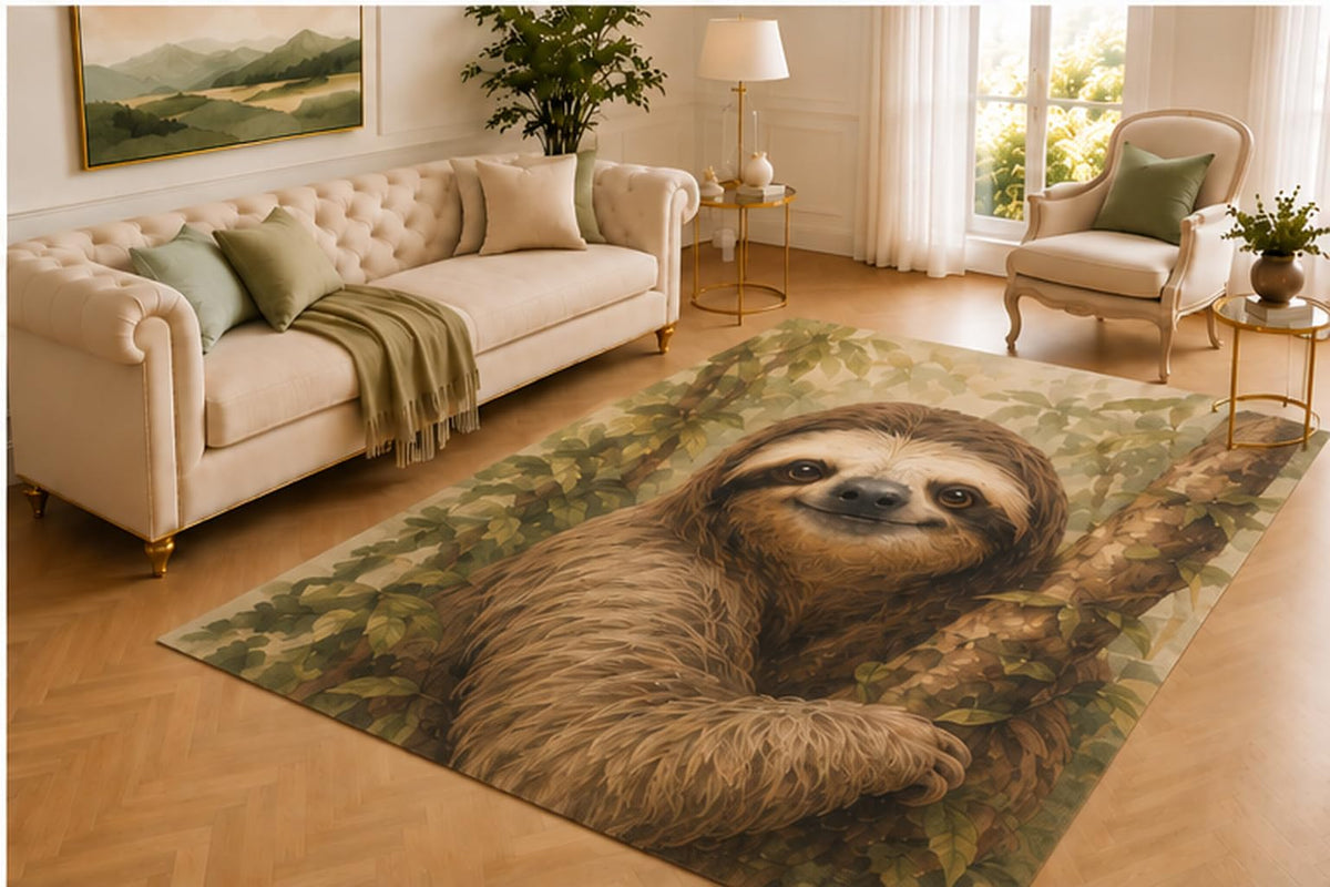 ICE ARMOR 5' x 7' Sloth Rug, Gentle Rainforest Animal Resting on a Tree Branch, Smooth Printed Floor Cover for Living Room, Bedroom, Nursery and Jungle Decor