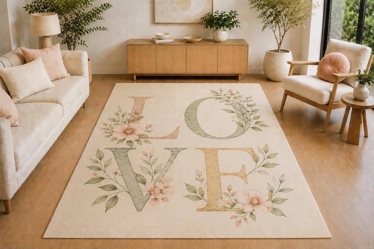 ICE ARMOR 5' x 7' Minimal Botanical Love Area Rug, Soft Low Pile Indoor Rug with Non-Slip Silicone Backing for Living Room, Bedroom, Office, Family Room, Cream Sage Pink
