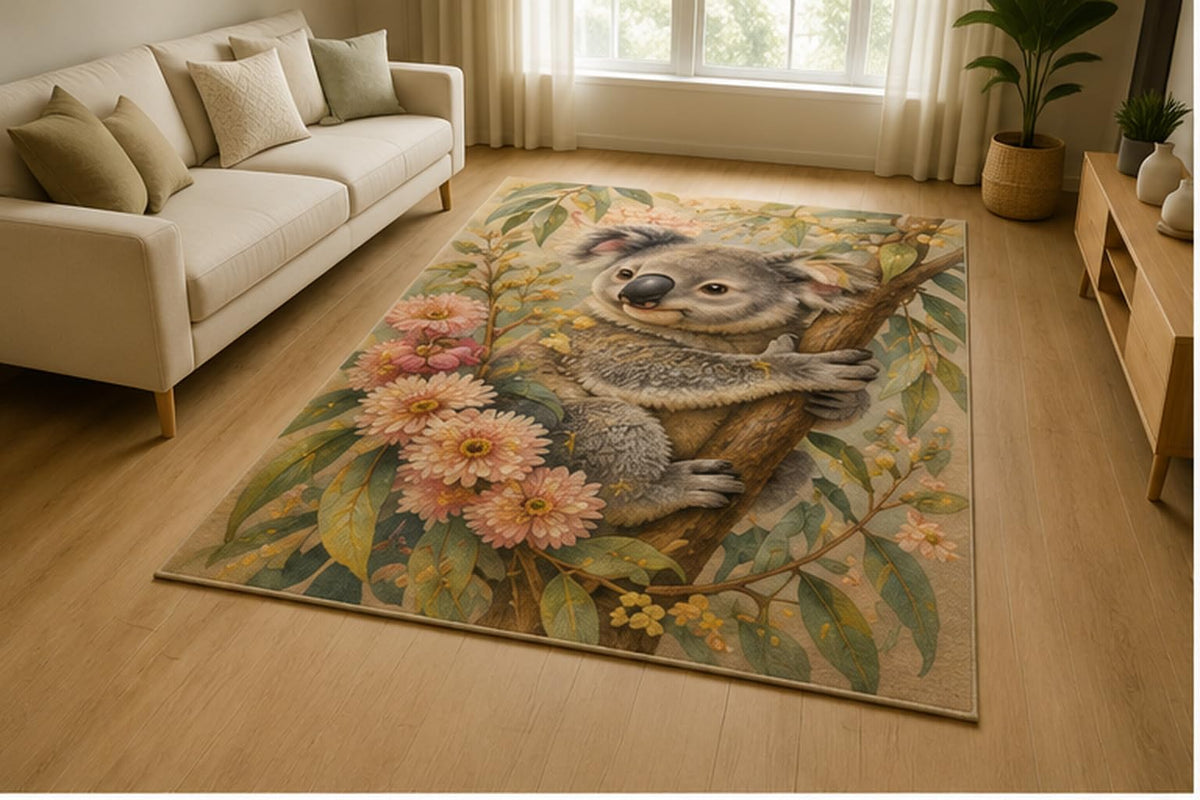 ICE ARMOR 5' x 7' Koala Eucalyptus Blossom Area Rug for Living Room, Soft Low Pile Indoor Rug with Non-Slip Silicone Backing, Woodland Decor for Bedroom, Nursery, Office, Kids & Pets, Sage Gray Beige