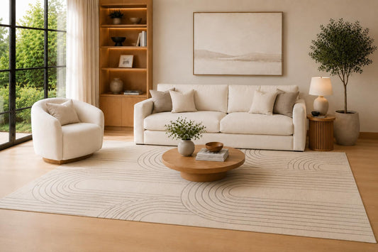 ICE ARMOR Large 6'7" x 9'10" Ivory and Taupe Horizon Arc Area Rug for Living Room, Soft Low Pile Carpet with Non-Slip Silicone Backing, Decor for Bedroom, Dining Area and Home Office