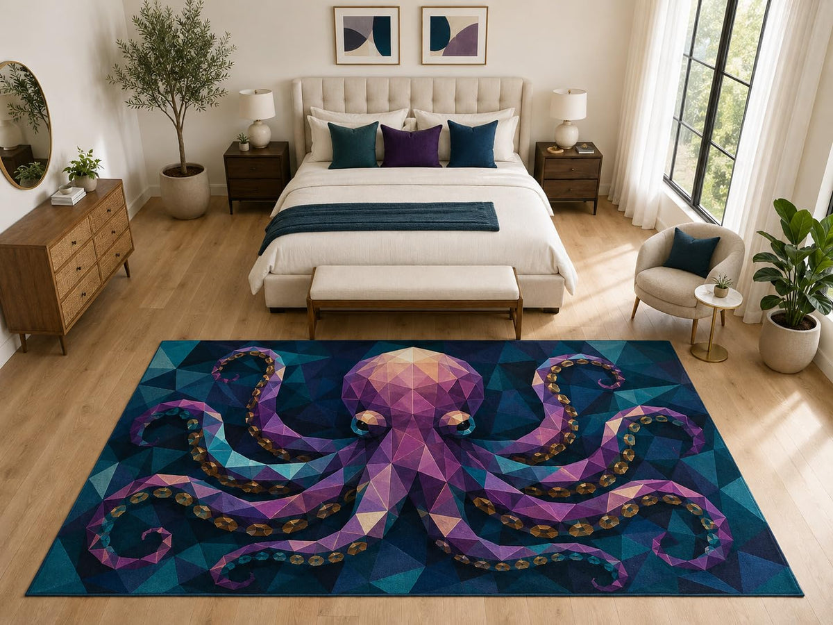 ICE ARMOR "Ultra Light Weight Large 6'7" x 9'10" Purple Octopus Rug, Soft Low Pile Indoor Rug, Non-Slip Silicone Backing for Bedroom Navy