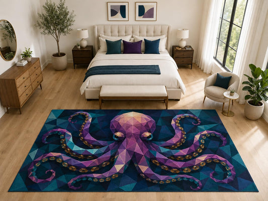 ICE ARMOR "Ultra Light Weight Large 6'7" x 9'10" Purple Octopus Rug, Soft Low Pile Indoor Rug, Non-Slip Silicone Backing for Bedroom Navy