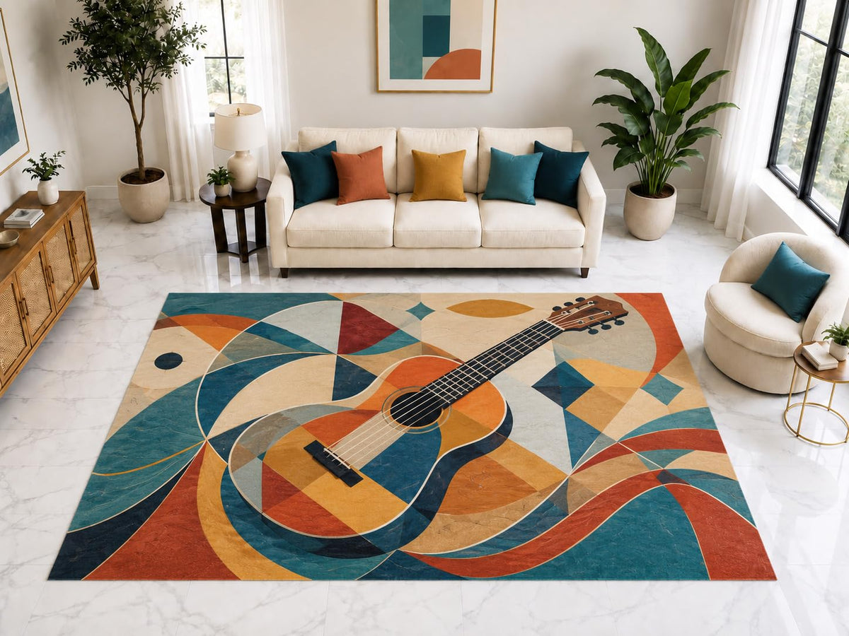 ICE ARMOR "Ultra Light Weight Large 6'7" x 9'10" Abstract Acoustic Guitar Rug, Soft Low Pile Indoor Rug, Non-Slip Silicone Backing for Bedroom Teal