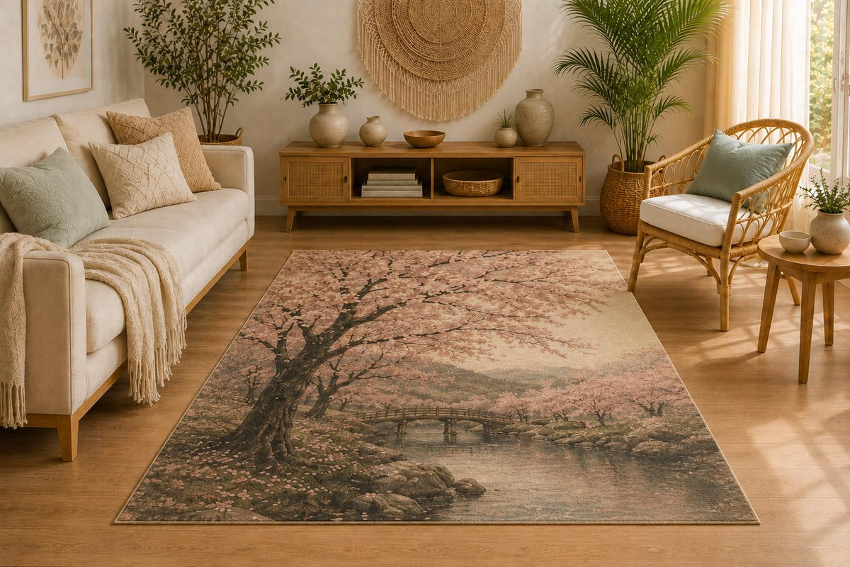 ICE ARMOR 5' x 7' Cherry Blossom River Area Rug for Living Room, Soft Low Pile Indoor Rug with Non-Slip Silicone Backing, Decorative Carpet for Bedroom, Dining Room, Office, Pink