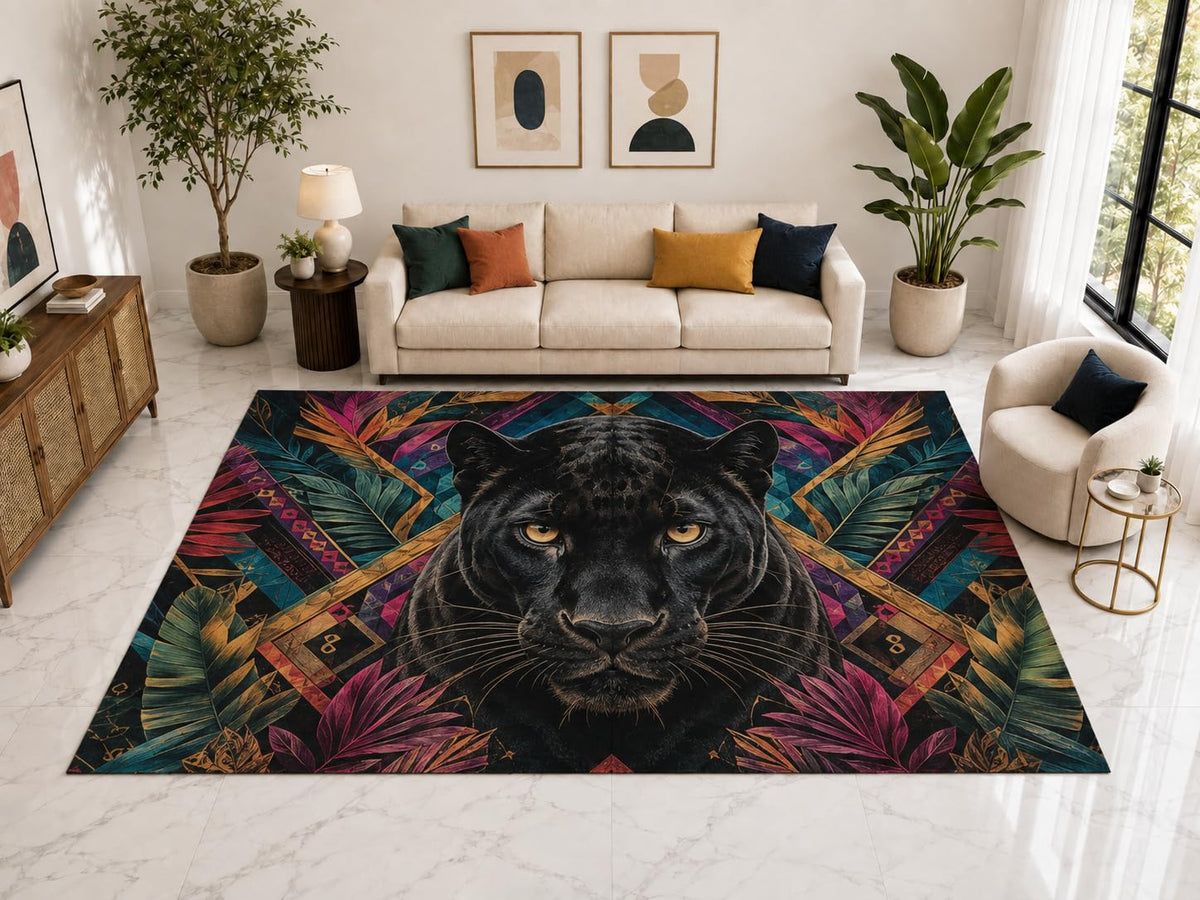 ICE ARMOR "Ultra Light Weight Large 6'7" x 9'10" Black Panther Tribal Rug, Soft Low Pile Indoor Rug, Non-Slip Silicone Backing for Office, Multicolor