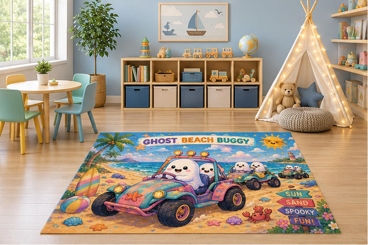 ICE ARMOR 5' x 7' Ghost Beach Buggy Kids Area Rug, Cute Halloween Ghost Beach Adventure Summer Cartoon Playroom Nursery Bedroom Decor, Non-Slip Silicone Backing Low Pile
