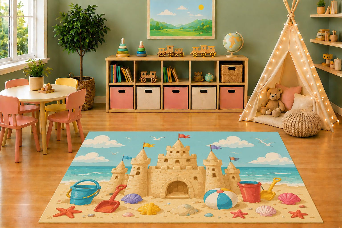 ICE ARMOR 5' x 7' Sandcastle Beach Area Rug, Cartoon Sand Castle Buckets Seashells Ocean Summer Kids Playroom Nursery Bedroom Decor, Non-Slip Silicone Backing Low Pile