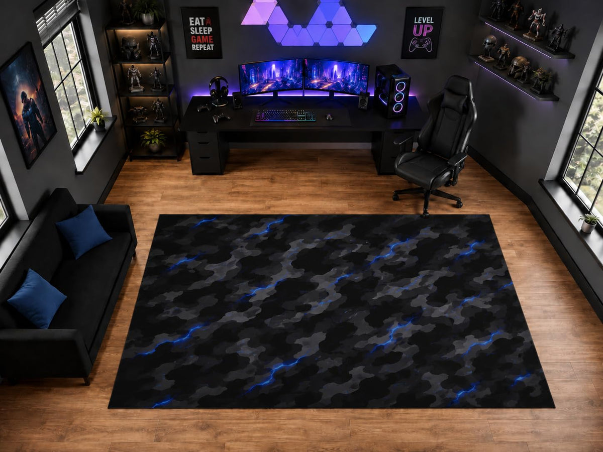 ICE ARMOR "Ultra Light Weight Large 6'7" x 9'10" Dark Camo Lightning Pattern Area Rug for Playroom Decor, Soft Low Pile Indoor Rug with Non-Slip Silicone Backing, Black Gray Blue