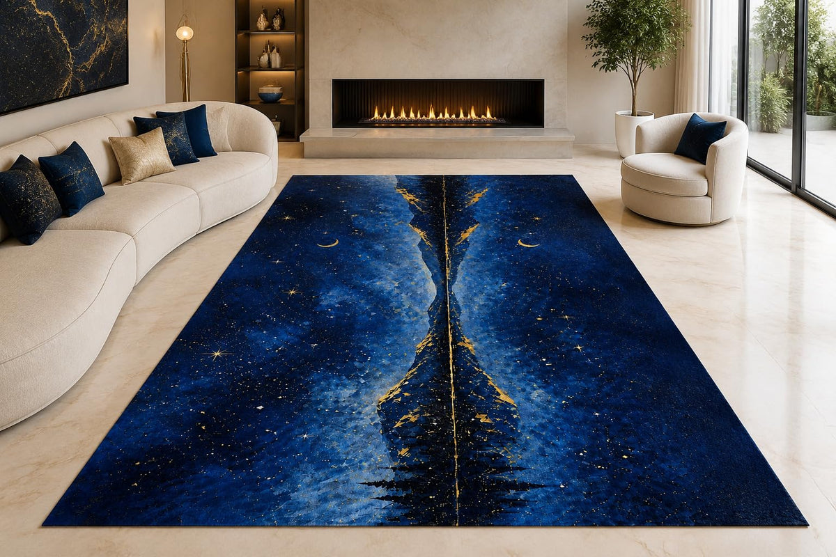 ICE ARMOR "Ultra Lightweight Large 6'7" x 9'10" Celestial Tree Area Rug for Living Room, Bedroom and Home Office, Soft Low Pile Carpet with Non-Slip Silicone Backing, Blue and Golden Color