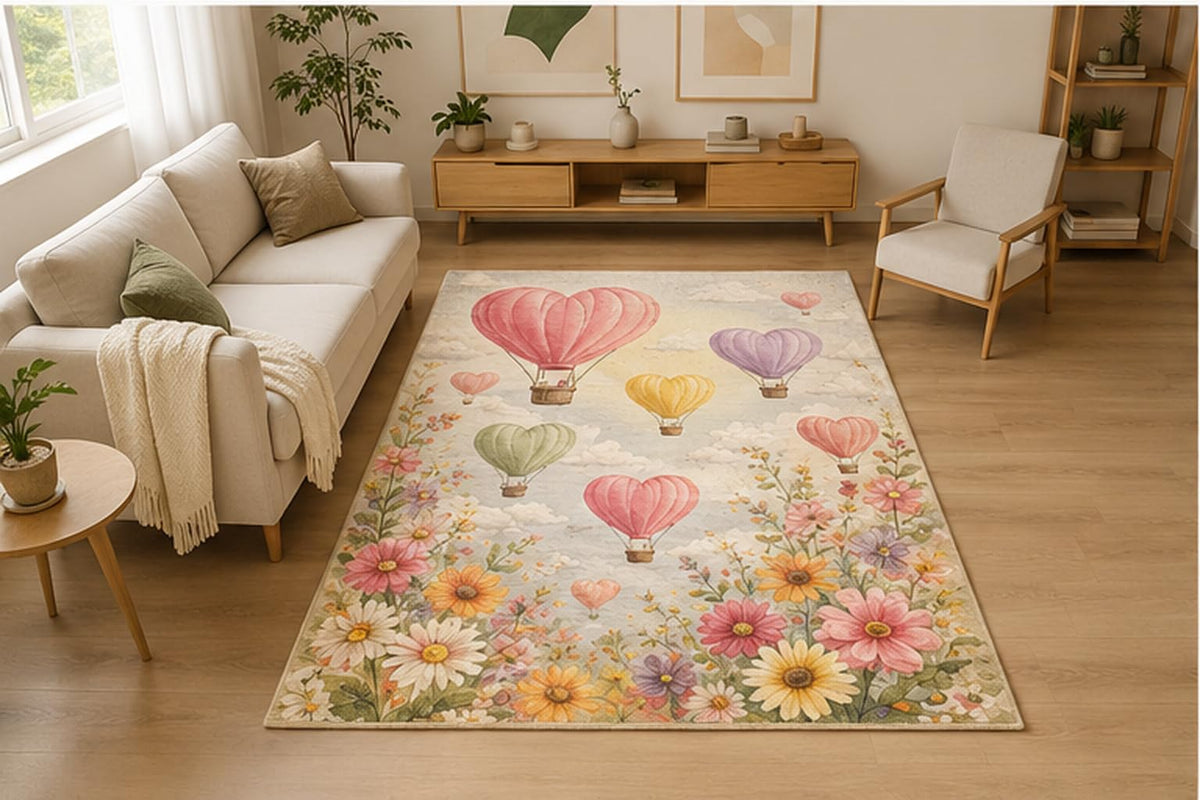 ICE ARMOR 5' x 7' Heart Hot Air Balloon Floral Area Rug for Living Room, Soft Low Pile Indoor Rug with Non-Slip Silicone Backing, Bedroom, Nursery, Kids Room, Playroom, Kids & Pets, Cream Pastel