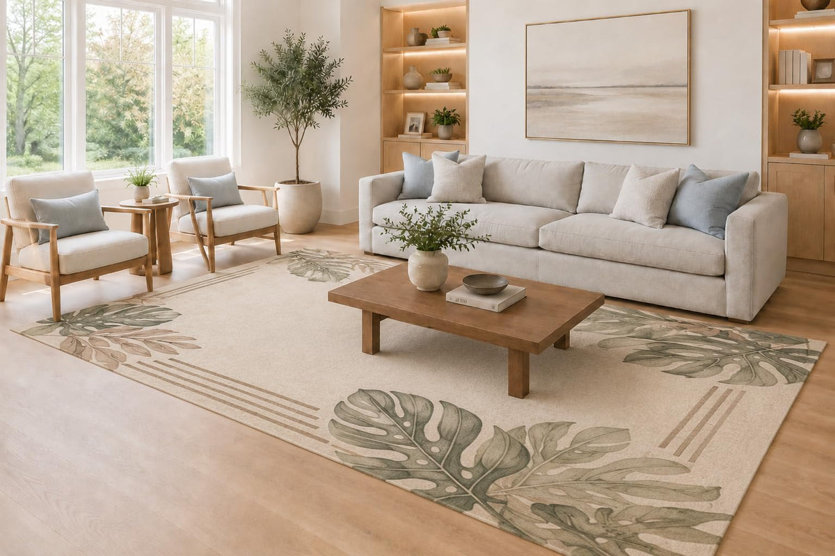 ICE ARMOR Large 6'7" x 9'10" Sage Green and Ivory Tropical Monstera Border Area Rug for Living Room, Soft Low Pile Carpet with Non-Slip Silicone Backing, Decor for Bedroom and Home Office