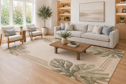 ICE ARMOR Large 6'7" x 9'10" Sage Green and Ivory Tropical Monstera Border Area Rug for Living Room, Soft Low Pile Carpet with Non-Slip Silicone Backing, Decor for Bedroom and Home Office