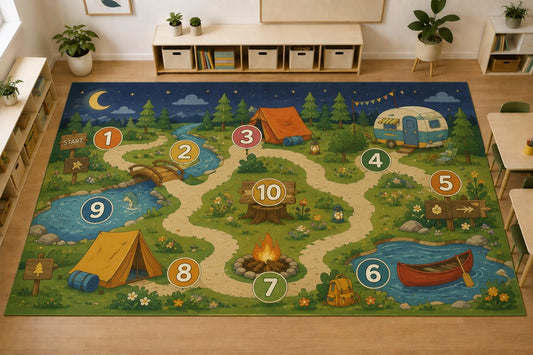 ICE ARMOR Large 6'7" x 9'10" Camping Adventure Area Rug, Soft Low Pile Indoor Rug with Non-Slip Silicone Backing for Kids Room, Playroom, Green