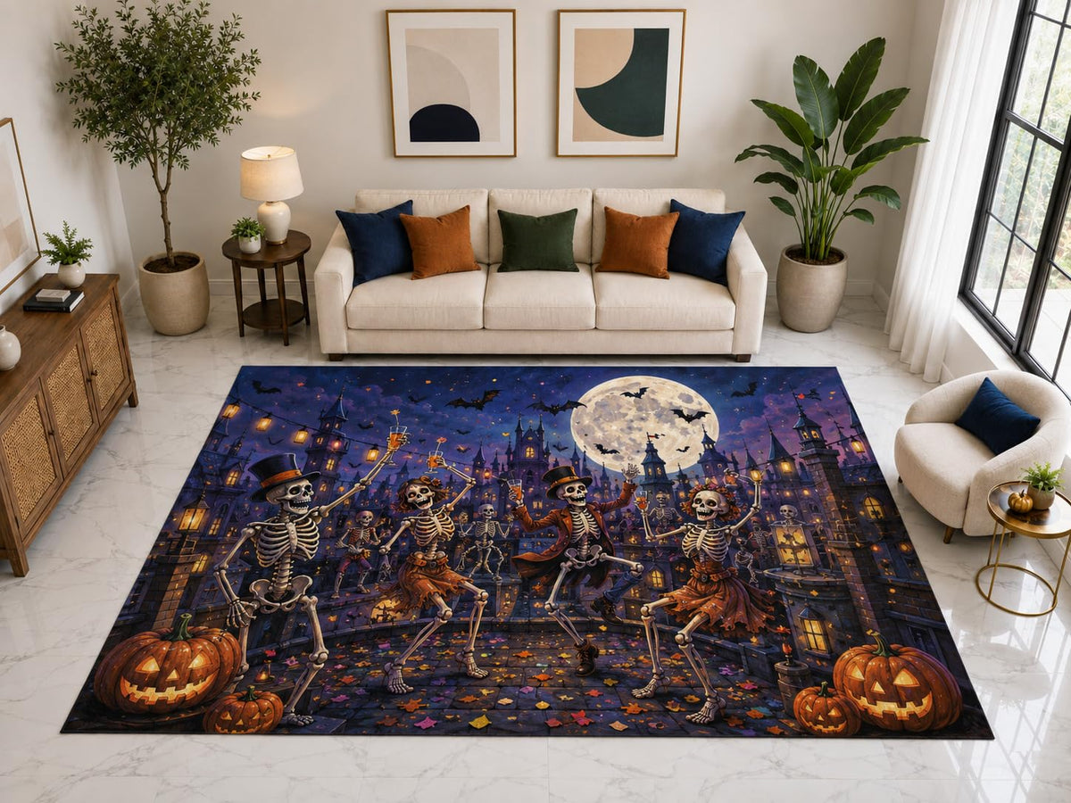 ICE ARMOR "Ultra Light Weight Large 6'7" x 9'10" Skeleton Dance Pumpkin Rug, Soft Low Pile Indoor Rug, Non-Slip Silicone Backing for Family Room Blue