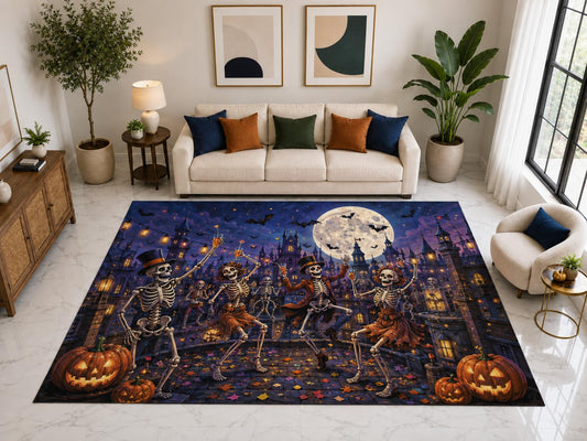 ICE ARMOR "Ultra Light Weight Large 6'7" x 9'10" Skeleton Dance Pumpkin Rug, Soft Low Pile Indoor Rug, Non-Slip Silicone Backing for Family Room Blue