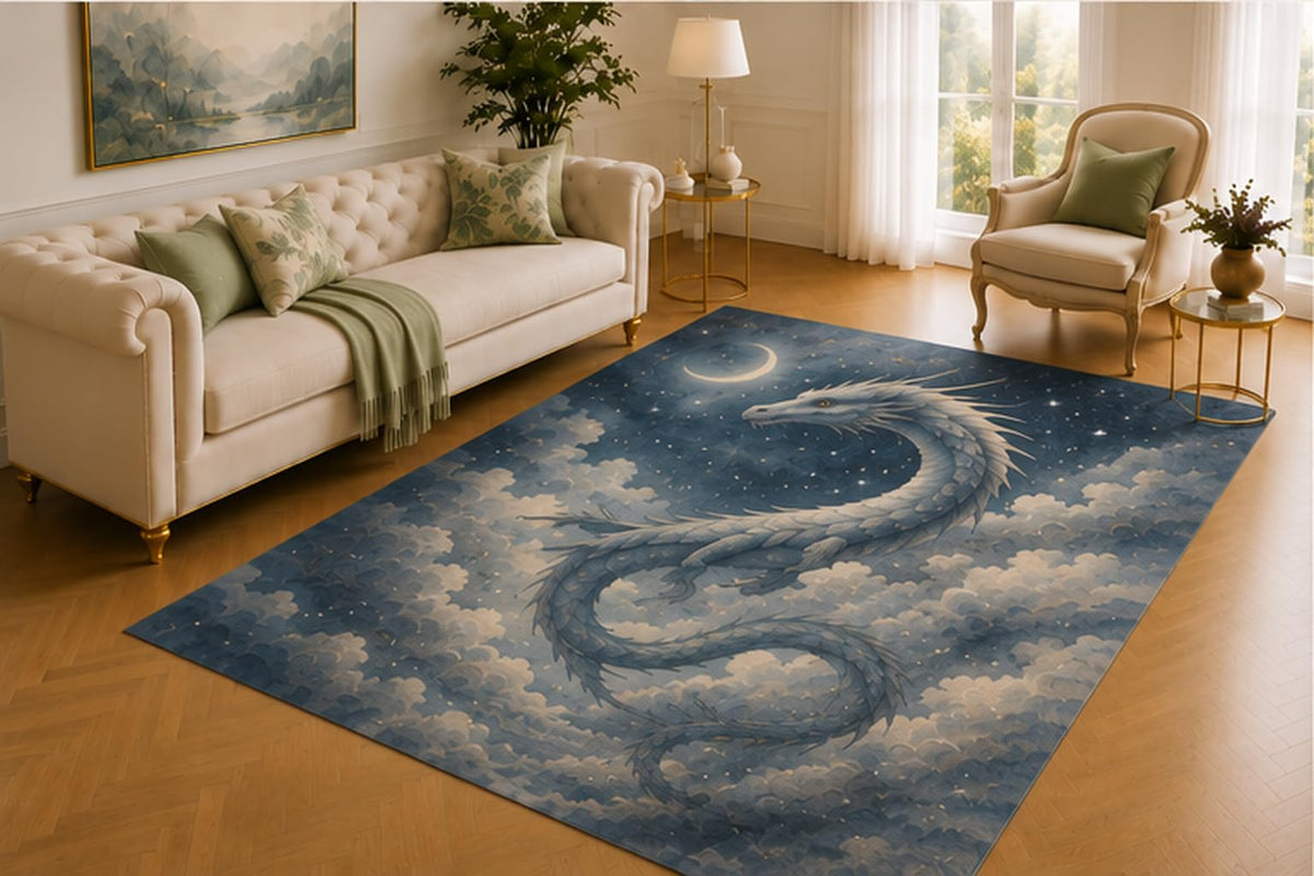 ICE ARMOR 5' x 7' Sky Dragon Rug, Serpentine Mythical Creature Among Clouds and Crescent Moon, Soft Floor Cover for Living Room, Bedroom, Game Room and Fantasy Decor