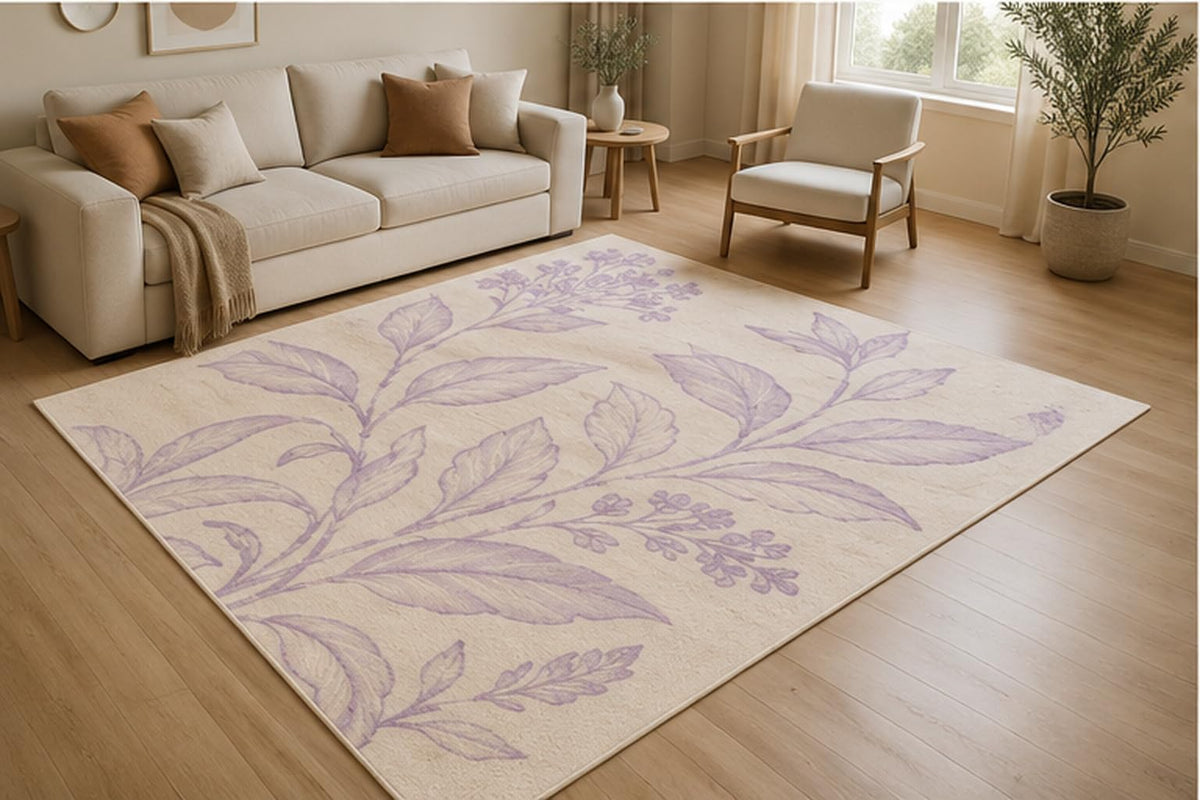 ICE ARMOR 5' x 7' Lavender Botanical Branch Area Rug for Living Room, Soft Low Pile Indoor Rug with Non-Slip Silicone Backing, Floral Carpet for Bedroom, Nursery, Family Room, Lavender Ivory