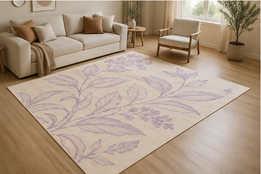 ICE ARMOR 5' x 7' Lavender Botanical Branch Area Rug for Living Room, Soft Low Pile Indoor Rug with Non-Slip Silicone Backing, Floral Carpet for Bedroom, Nursery, Family Room, Lavender Ivory