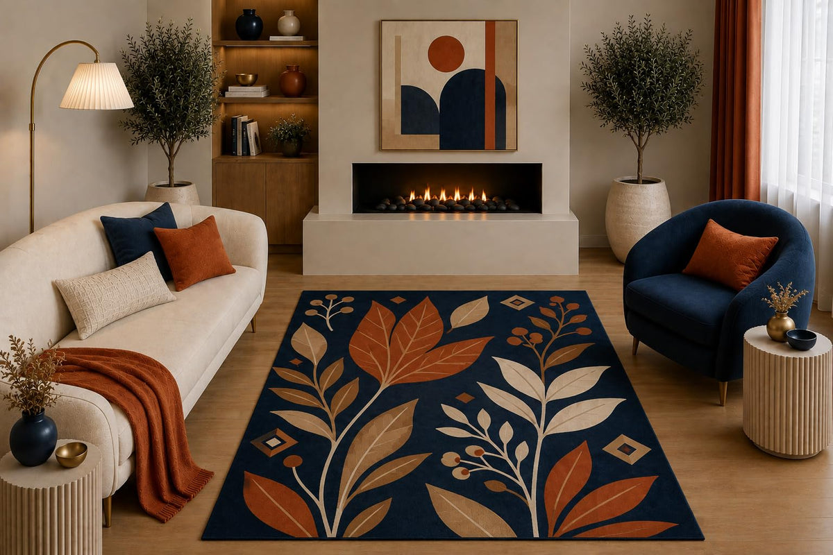 ICE ARMOR "Ultra Light Weight 5' x 7' Botanical Leaf Area Rug Navy Blue Rust Beige Modern Nature Floral Design for Living Room Bedroom Dining Room Non-Slip Silicone Backing Low Pile
