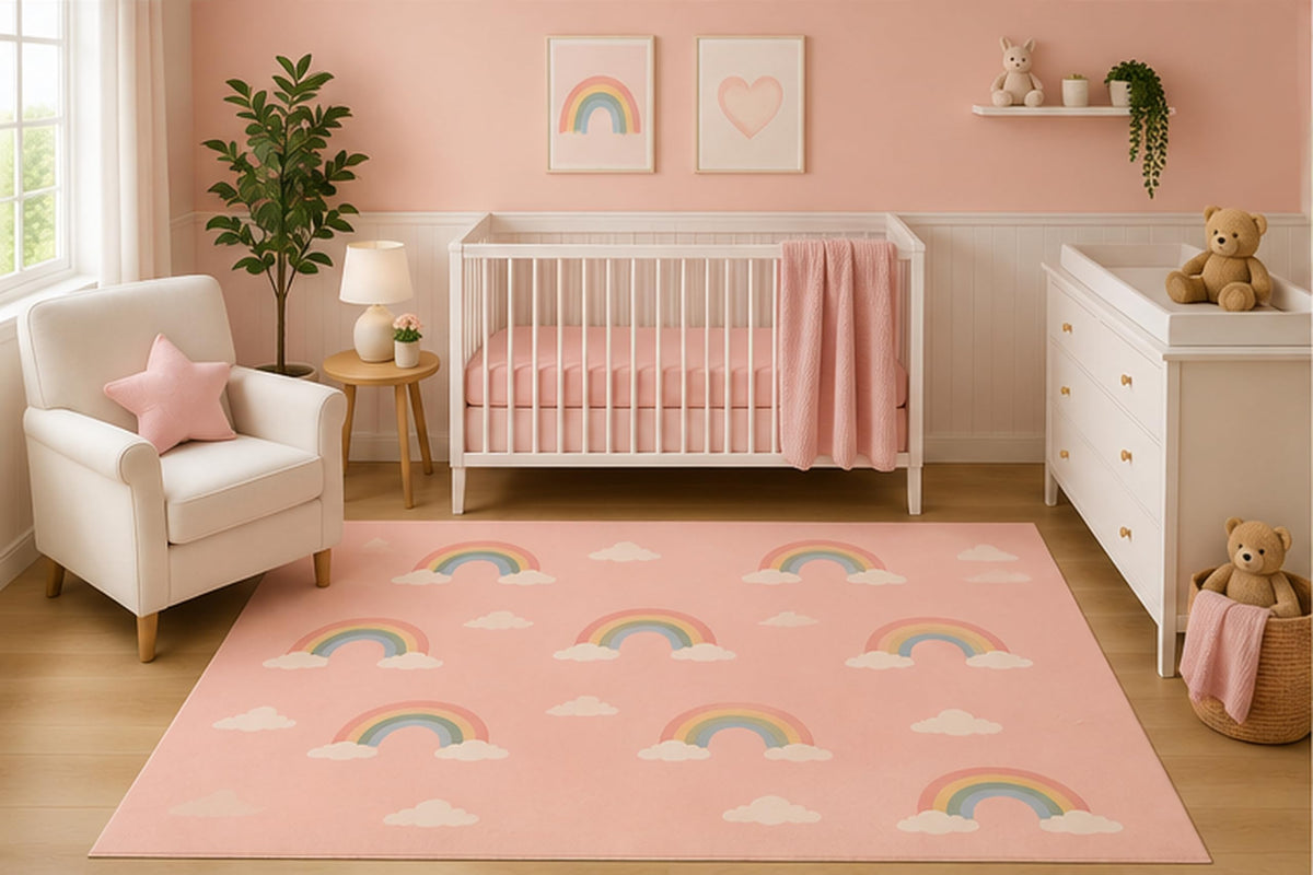 ICE ARMOR 5' x 7' Pastel Rainbow Area Rug for Nursery Room, Cute Boho Rainbow and Cloud Pattern for Baby Girl Bedroom Playroom Decor, Non-Slip Silicone Backing Low Pile