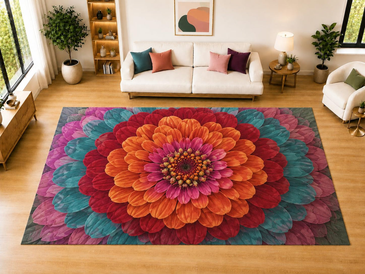 ICE ARMOR "Ultra Light Weight Large 6'7" x 9'10" Layered Daisy Area Rug for Living Room Bedroom Dining Room, Soft Low Pile Non-Slip Backing, Orange Red Teal Purple Floral Decor