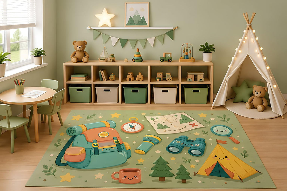 ICE ARMOR 5' x 7' Camping Adventure Area Rug for Kids Playroom Nursery Bedroom, Backpack Tent Compass Map Binoculars Outdoor Cartoon Carpet, Non-Slip Silicone Backing Low Pile