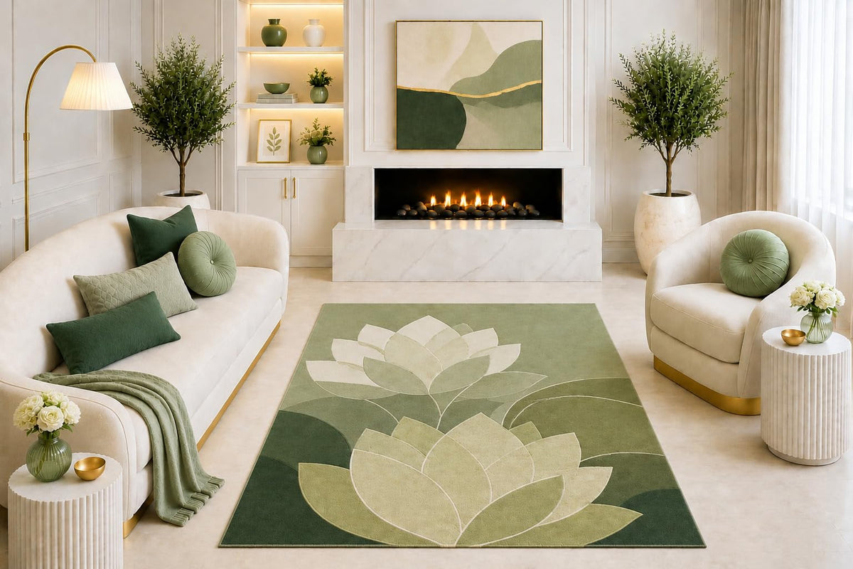 ICE ARMOR "Ultra Light Weight 5' x 7' Sage Green Lotus Flower Area Rug, Modern Botanical Floral Design for Living Room Bedroom Dining Room, Non-Slip Silicone Backing Low Pile