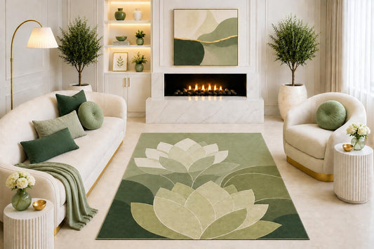 ICE ARMOR "Ultra Light Weight 5' x 7' Sage Green Lotus Flower Area Rug, Modern Botanical Floral Design for Living Room Bedroom Dining Room, Non-Slip Silicone Backing Low Pile