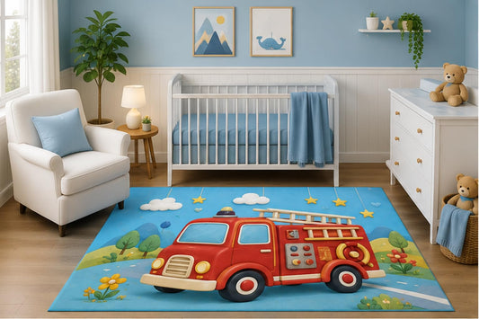 ICE ARMOR 5' x 7' Watercolor Fire Engine Nursery Area Rug, Rescue Truck Kids Bedroom Playroom Decor Carpet, Non-Slip Silicone Backing Low Pile