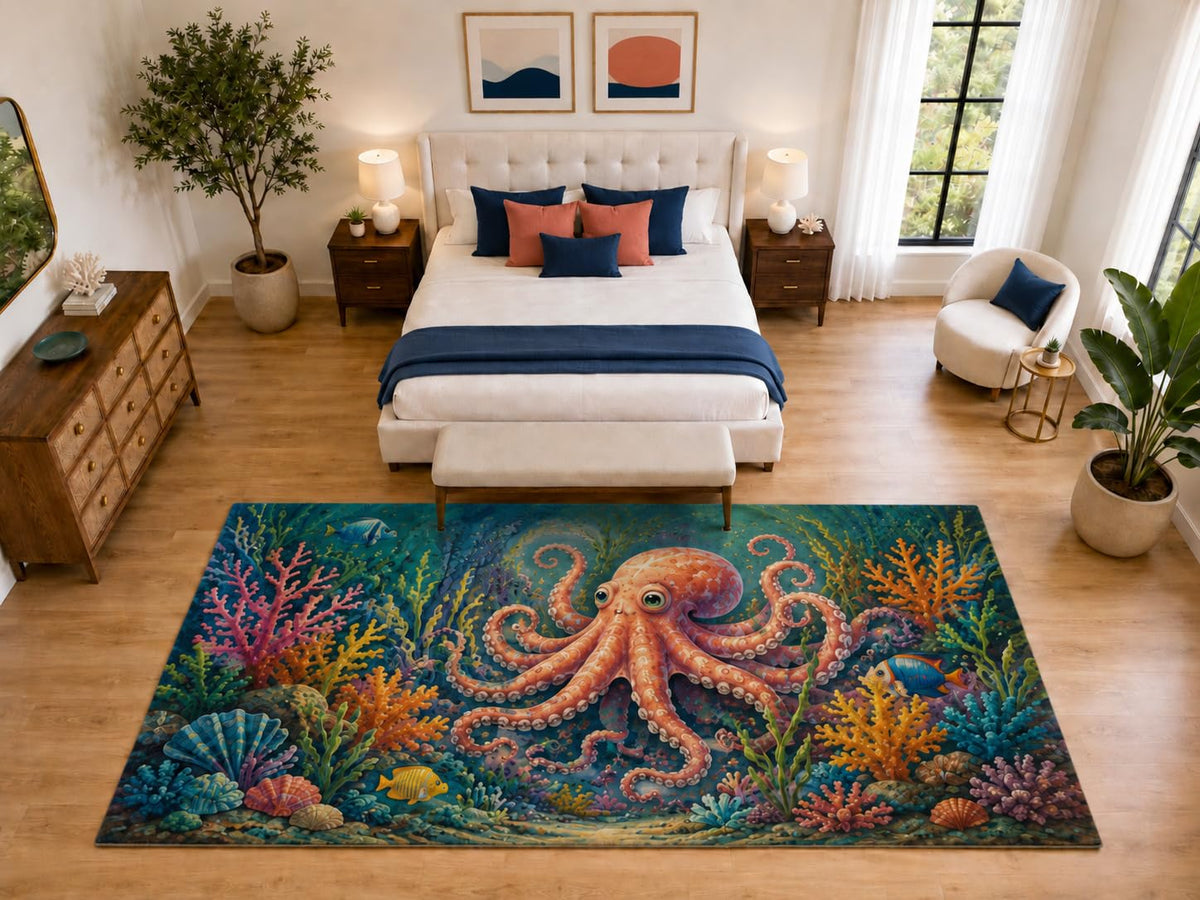 ICE ARMOR "Ultra Light Weight Large 6'7" x 9'10" Octopus Coral Rug Bedroom, Soft Low Pile Indoor Rug and Non-Slip Silicone Backing, Navy Blue