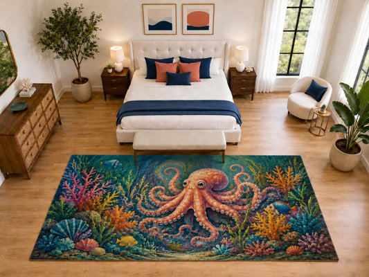 ICE ARMOR "Ultra Light Weight Large 6'7" x 9'10" Octopus Coral Rug Bedroom, Soft Low Pile Indoor Rug and Non-Slip Silicone Backing, Navy Blue