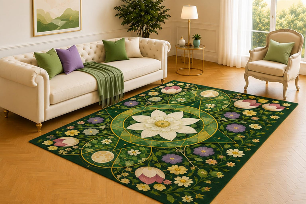 ICE ARMOR 5' x 7' Moon Garden Geometry Rug, White Lotus, Purple Flowers and Golden Celestial Circles on Forest Green, Artistic Floor Decor for Bedroom, Lounge or Study