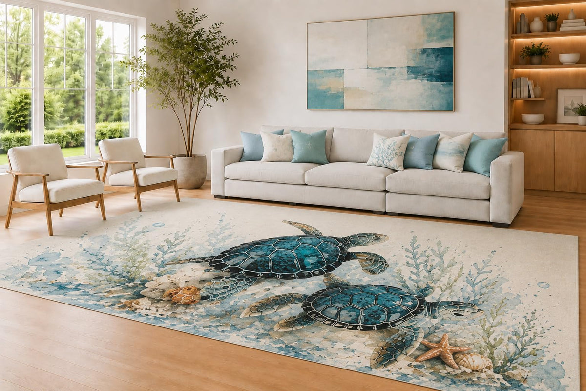 ICE ARMOR Large 6'7" x 9'10" Blue and Cream Turtle Pair Area Rug for Living Room, Soft Low Pile Carpet with Non-Slip Silicone Backing, Decor for Bedroom and Home Office
