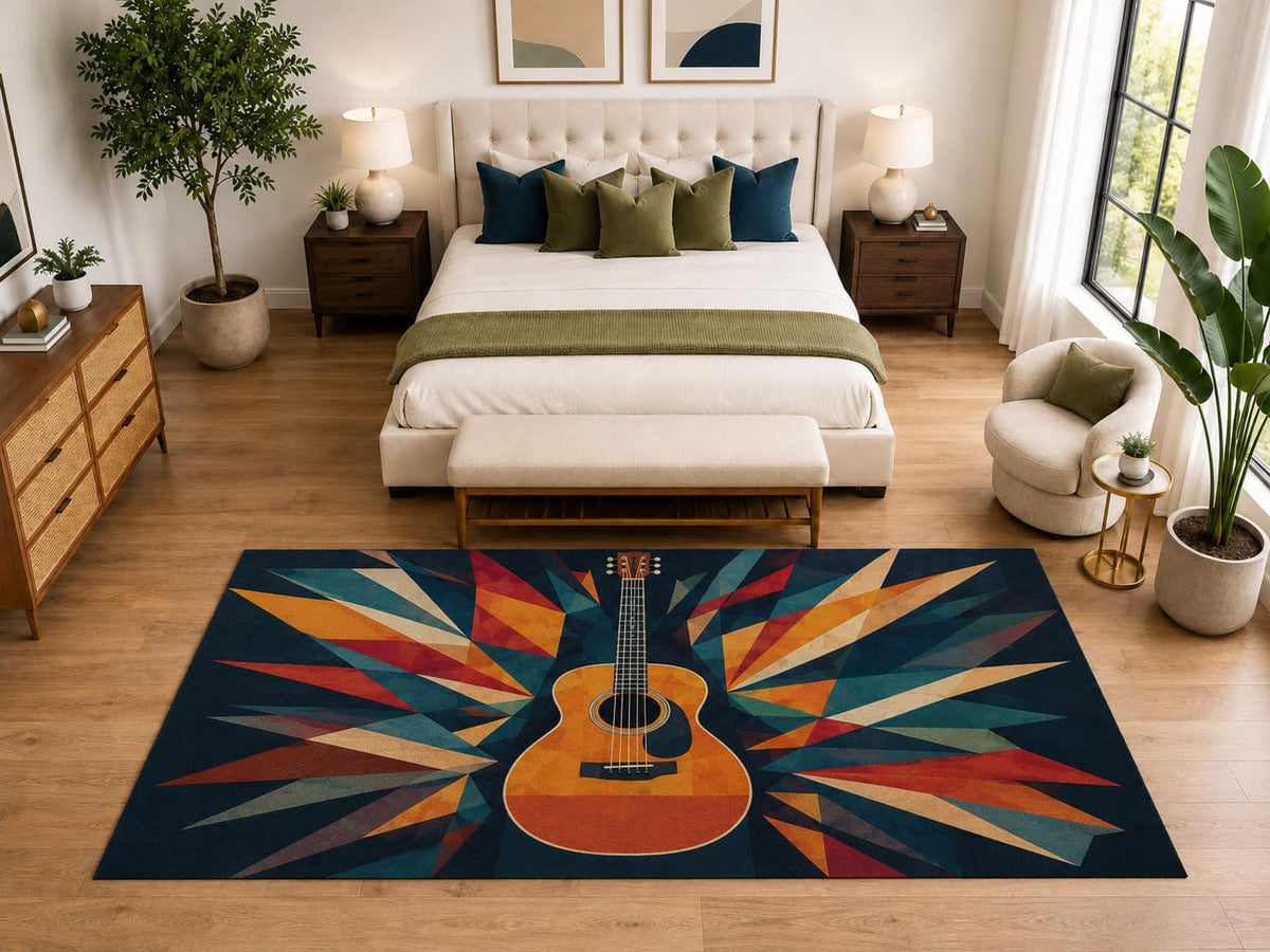 ICE ARMOR "Ultra Light Weight Large 6'7" x 9'10" Guitar Burst Abstract Rug, Soft Low Pile Indoor Rug, Non-Slip Silicone Backing for Bedroom Navy Orange