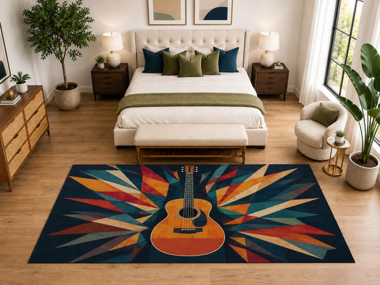 ICE ARMOR "Ultra Light Weight Large 6'7" x 9'10" Guitar Burst Abstract Rug, Soft Low Pile Indoor Rug, Non-Slip Silicone Backing for Bedroom Navy Orange