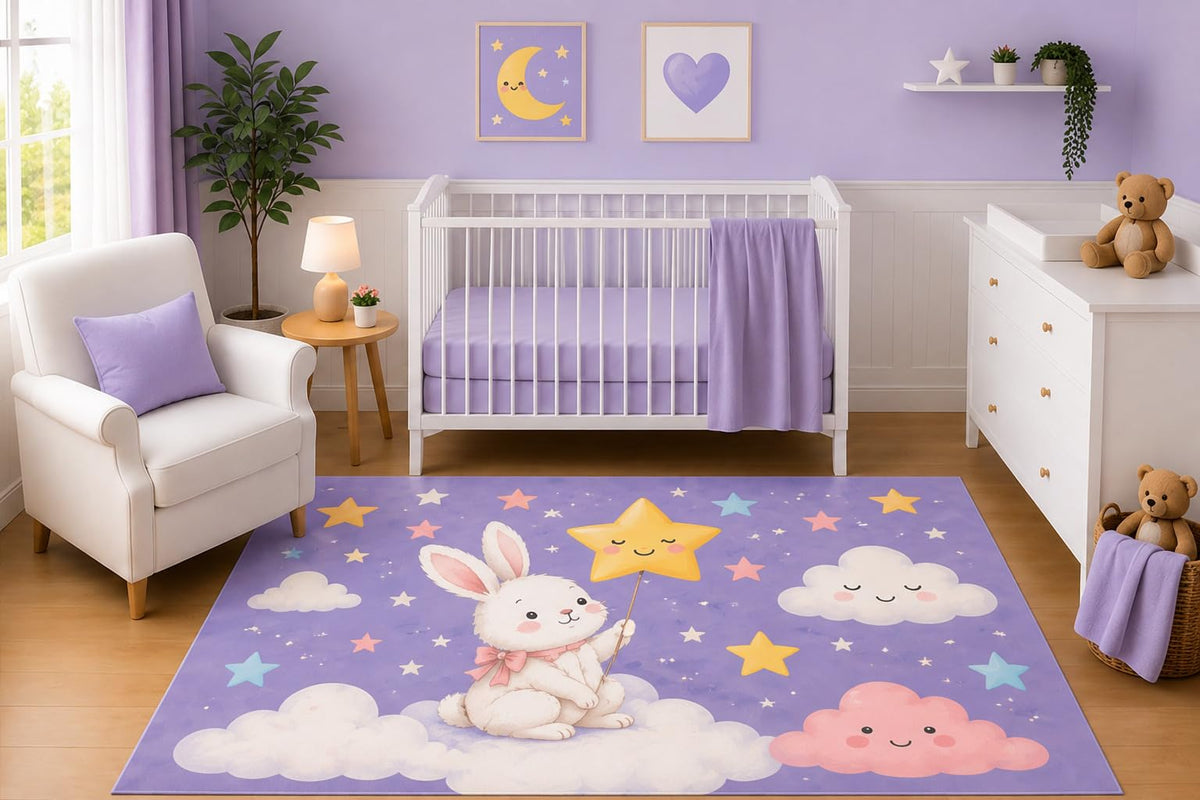 ICE ARMOR 5' x 7' Bunny Holding Star Area Rug for Nursery Room, Watercolor Rabbit Clouds Moon Pastel Stars Dreamy Sky Design for Baby Girl Bedroom, Non-Slip Silicone Backing Low Pile