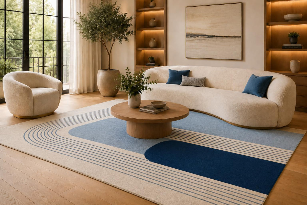 ICE ARMOR 6'7" x 9'10" Blue and Cream Retro Track Lines Area Rug for Living Room, Soft Low Pile Carpet with Non-Slip Silicone Backing, Floor Decor for Bedroom, Dining Area and Home Office