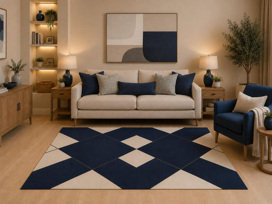 ICE ARMOR "Ultra Light Weight 5' x 7' Modern Geometric Argyle Area Rug Navy Blue Cream Interlocking Abstract Pattern for Living Room Bedroom Dining Room Non-Slip Silicone Backing Low Pile