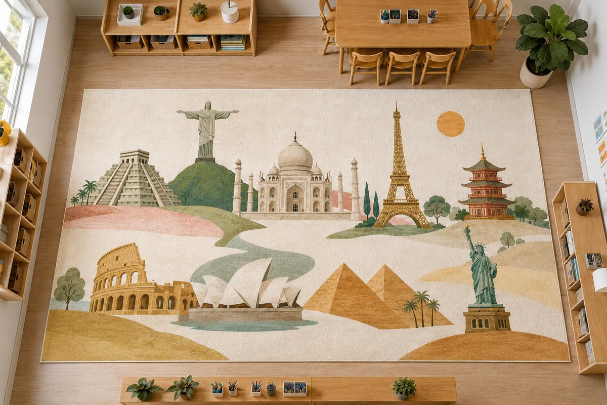 ICE ARMOR Large 6'7" x 9'10" World Landmarks Area Rug, Soft Low Pile Indoor Rug with Non-Slip Silicone Backing for Kids Room and Playroom, Beige