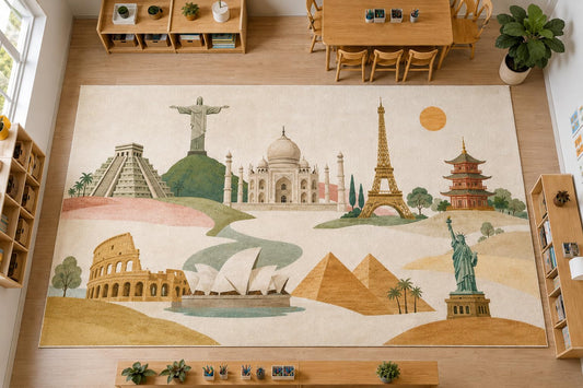 ICE ARMOR Large 6'7" x 9'10" World Landmarks Area Rug, Soft Low Pile Indoor Rug with Non-Slip Silicone Backing for Kids Room and Playroom, Beige