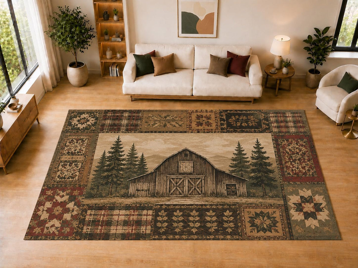 ICE ARMOR "Ultra Light Weight Large 6'7" x 9'10" Barn Country Patchwork, Living Room, Bedroom, Dining Room, Office, Family Room, Soft Low Pile Indoor Rug, Non-Slip Silicone Backing, Brown