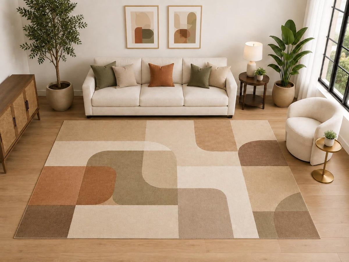 ICE ARMOR "Ultra Light Weight Large 6'7" x 9'10" Retro Geometric Block Area Rug, Soft Low Pile Indoor Rug and Non-Slip Silicone Backing for Living Room and Office, Beige