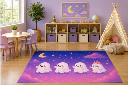 ICE ARMOR 5' x 7' Cute Ghost Friends Kids Area Rug, Happy Kawaii Ghosts Moon Stars Cartoon Playroom Nursery Bedroom Halloween Decor, Non-Slip Silicone Backing Low Pile