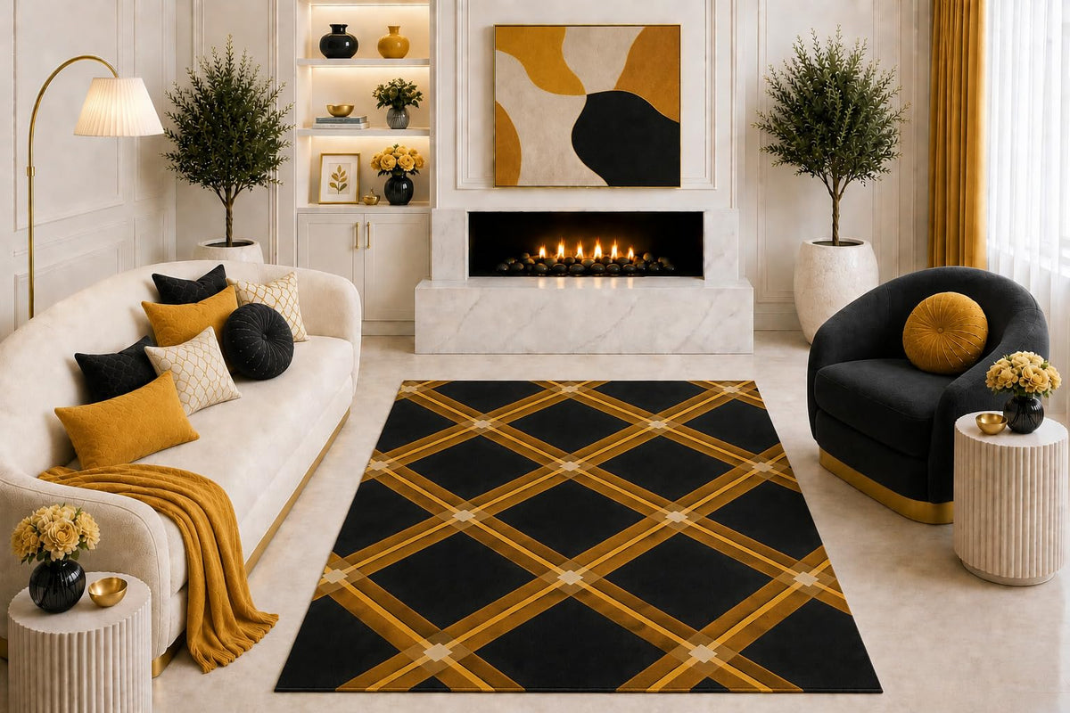 ICE ARMOR "Ultra Light Weight 5' x 7' Black Gold Argyle Area Rug Luxury Diamond Geometric Pattern Living Room Bedroom Office Home Decor Non-Slip Silicone Backing Low Pile