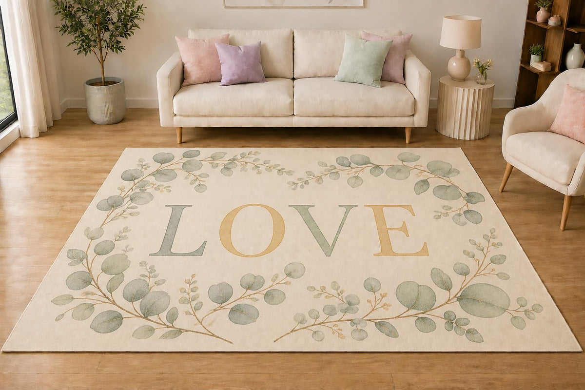 ICE ARMOR 5' x 7' Eucalyptus Wreath Love Area Rug, Soft Low Pile Indoor Rug with Non-Slip Silicone Backing for Living Room, Bedroom, Office, Family Room, Cream Sage Green